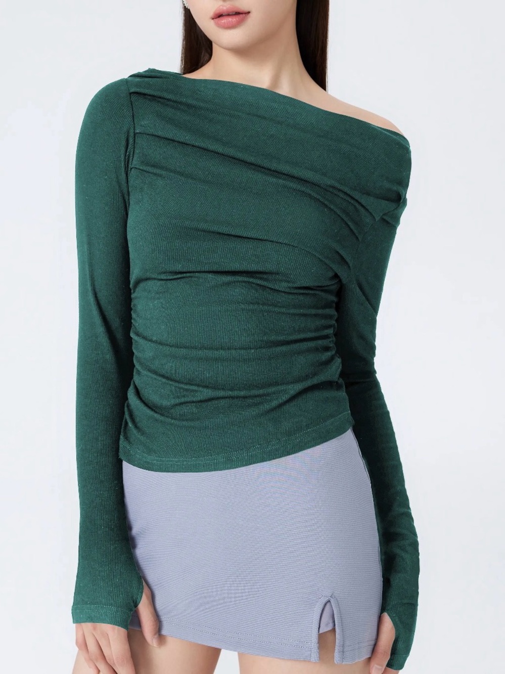 Cider Off-the-Shoulder Ruched Forest Green Knit Sweater
